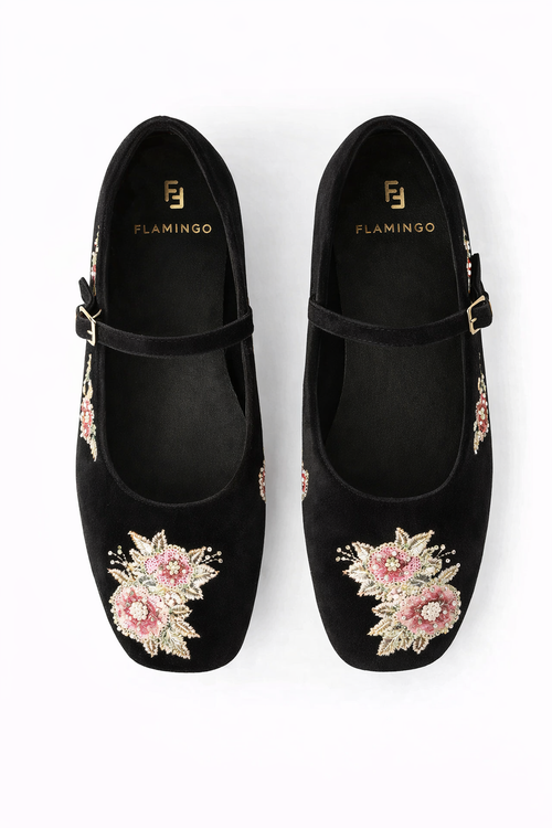 Black Embroidered Mary Jane Flats