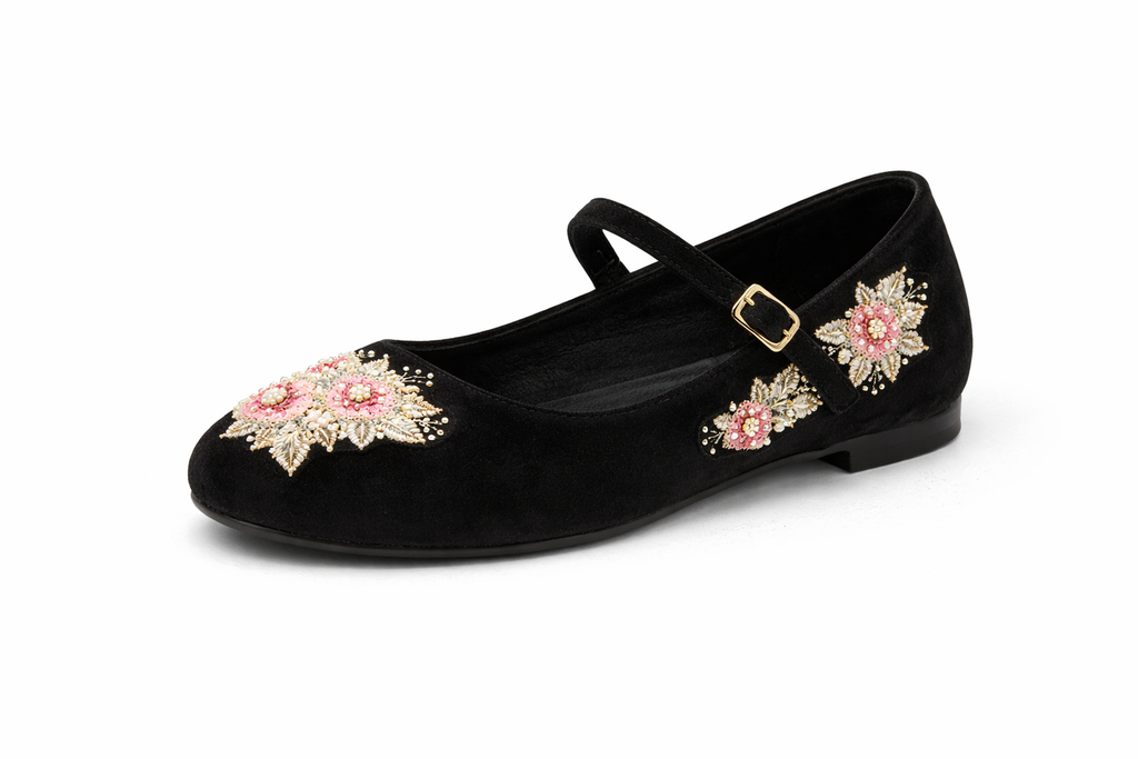 Black Embroidered Mary Jane Flats