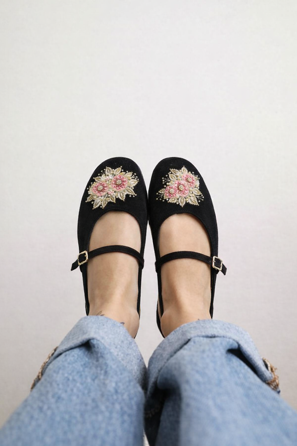 Black Embroidered Mary Jane Flats